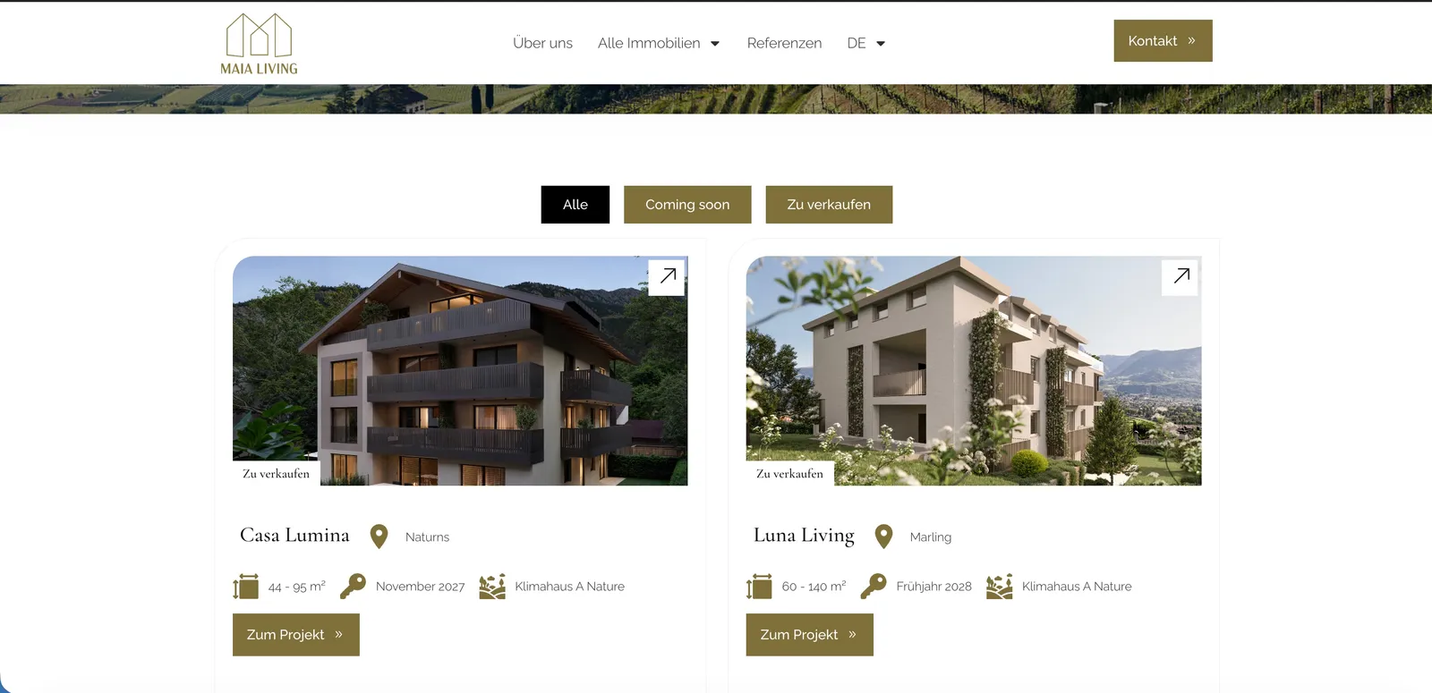 Schede progetto con dati principali come superficie abitabile e data di consegna di Maia Living